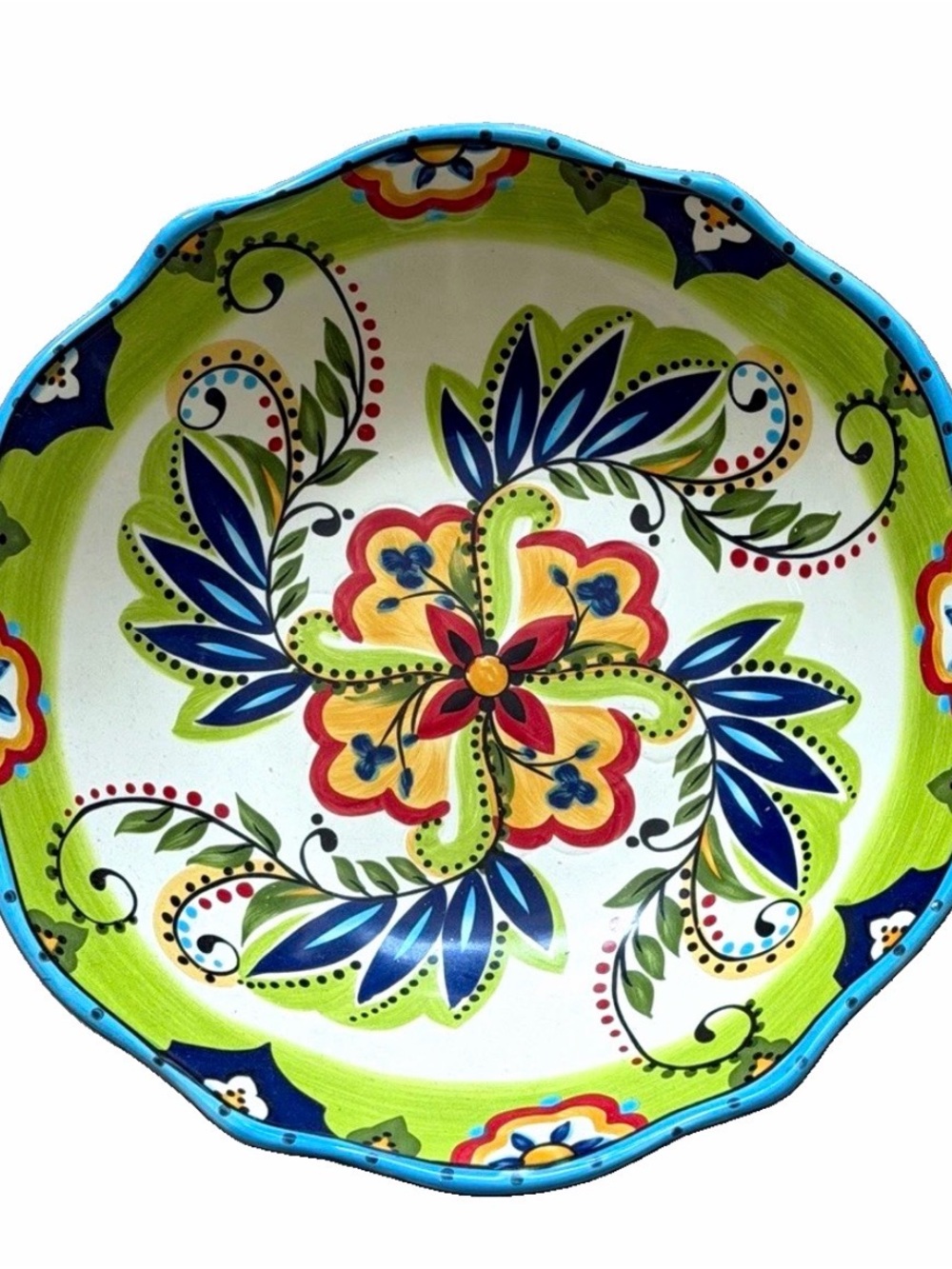 Hand-Painted Floral Ceramic Serving Bowl - Blue, Green, Yellow, Red